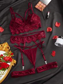 5pack Floral Lace Wireless Garter Lingerie Set - Burgundy - View 5