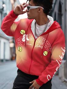 Manfinity Roghcode Men's Letter & Smiling Face Print Zipper Front Drawstring Hoodie, Autumn - Red - View 4