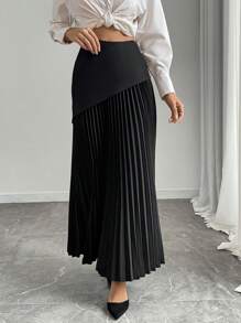 Rafferiza 1 件女士优雅纯色黑色褶皱不对称下摆拼接及膝长裙，适合通勤和百搭长裙 - 黑色 - 查看 6