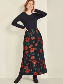 SHEIN Clasi Elegant Rose Print Pleated A-Line Skirt Fall Cloth For Women - Red - View 7