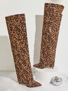 SHUZIA Women's Stylish Sleek Design Leopard Folded Over Tall Boot With Strap And Ornament Summer Shoes Spring Shoes Spring Break Easter - Brown - View 2