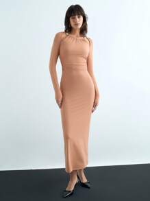 Maija Đầm suông hở vai hở lưng phong cách retro kaki thanh lịch hiện đại dành cho nữ, mùa thu/đông - Màu Khaki - Xem 4