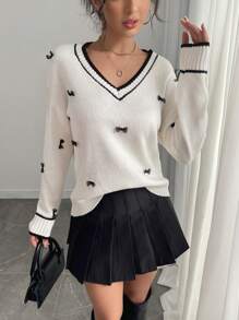 SHEIN Unity Casual Bow Decor Colorblock V-Neck Sweater For Women Knit Pullover Fall Winter - Beige - View 5