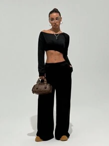 StreetHx Set da donna in stile steet, 2 pezzi: felpa con spalle diagonali nera e pantaloni della tuta con gamba dritta morbida, per l'autunno - nero - Visualizzare 3