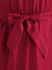 Tween Girl Embroidered V-Neck Long Sleeve Dress, Suitable For Gatherings - Burgundy - View 3