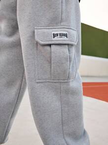 SHEIN Quần nỉ lót nhiệt màu xám thời trang cho bé trai tuổi teen, quần dài mặc nhà ấm áp thường ngày có nhiều túi và bo chun, mùa đông - Xám - Xem 4