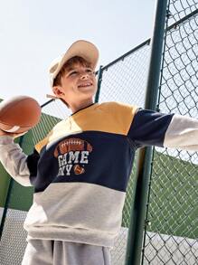 SHEIN Sudadera con cuello redondo de manga larga y costilla para niños preadolescentes, con estampado de secciones, forrada térmicamente, ropa deportiva cálida para exteriores - Multicolor - Ver 4