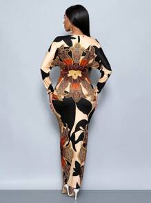 SOLERSUN Women's Chain Print Slit Thigh Bodycon Dress, Sexy Deep V-Neck, High Waisted Print Long Sleeve Dress, Elegant Maxi Women Outfit - Brown - View 2