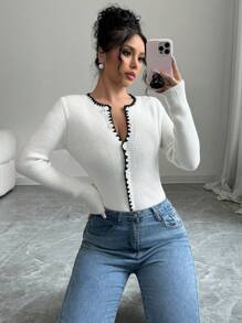 Elenzga Áo len dài tay nữ thanh lịch cài cúc phía trước, viền tương phản, thích hợp mặc công sở, kiểu dáng thu đông. - trắng - Xem 3