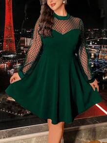 SHEIN Clasi Vestido largo de manga larga y cuello redondo de talla grande con inserto de malla transparente, para Navidad, conjunto de mujer
