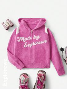SHEIN Girls Light Pink Hooded Long Sleeve Knitted Cardigan,Casual Graphic Jacquard Logo Autumn Holiday Back-To-School Street Style Outdoor Party Outfits - Pink - View 1