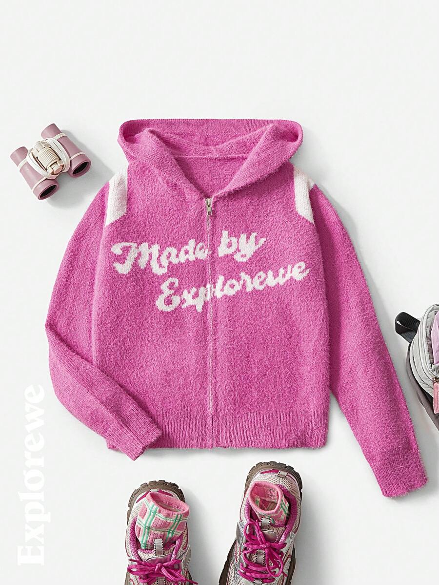 SHEIN Girls Light Pink Hooded Long Sleeve Knitted Cardigan,Casual Graphic Jacquard Logo Autumn Holiday Back-To-School Street Style Outdoor Party Outfits - Pink - View 1