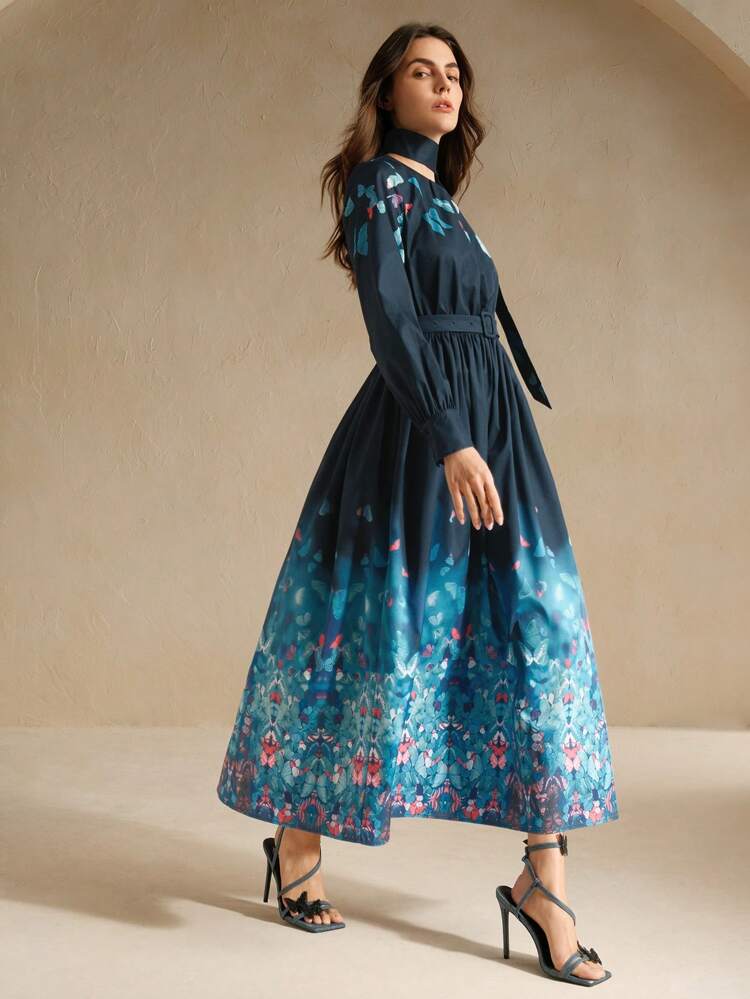 女性の フローラル プリント 長袖 ミドル丈ドレス