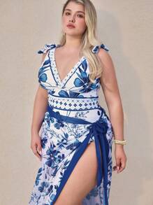 Swim Oasis Plus Size Women's Summer Beach Vacation Blue Floral Print Off-Shoulder One Piece Swimsuit With Skirt Coverup Set, High-End 2 Pieces Outfit - Multicolor - View 5