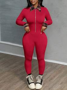 Slaydiva 休闲简约撞色衣领和袖口格子图案，黄色拉链领长袖连体裤女式连体裤，秋冬 - 紅色 - 查看 7