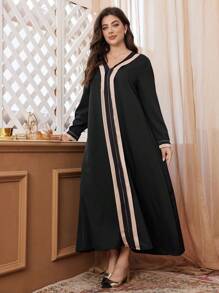 Al Najma Plus Size V-Neck Patchwork Long Dress, Loose Casual Modest Long Sleeve Dress For Autumn/Winter