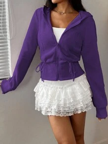 SHEIN Unity Casual Solid Color Lace Trim Bow Hoodie, Suitable For Autumn Pullover Fall - Purple - View 4