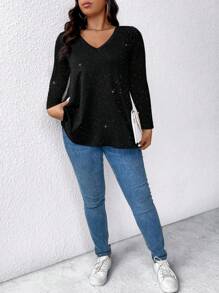 SHEIN LUNE Plus Size Casual Glittery Arc Hem T-Shirt, Autumn