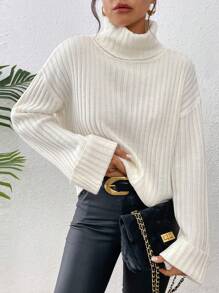 Chiquease 1件女士休闲纯色宽松领喇叭袖套头毛衣，适合秋冬季针织套头衫 - 白色 - 查看 1