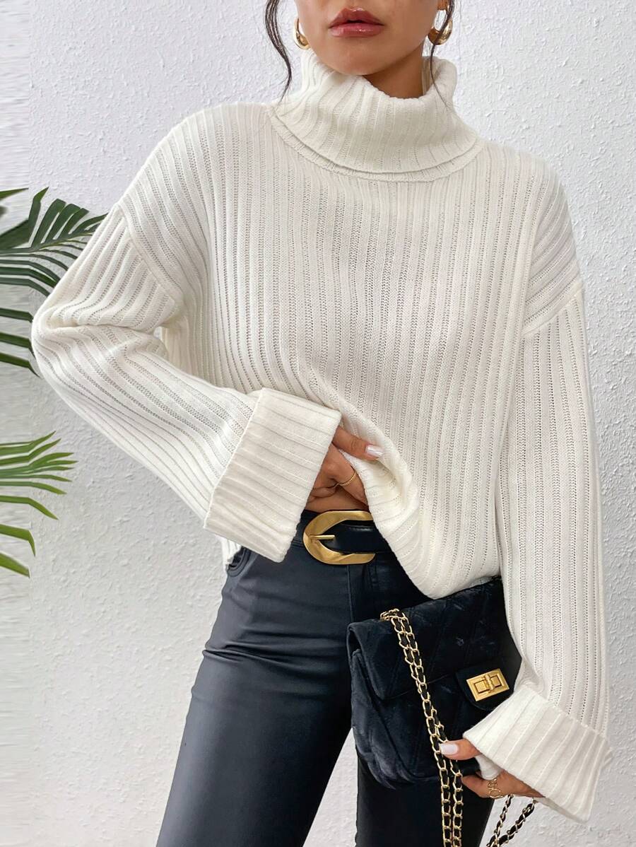 Chiquease 1件女士休闲纯色宽松领喇叭袖套头毛衣，适合秋冬季针织套头衫 - 白色 - 查看 1