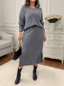 Calvaya Plus Size Women 2pcs Thicken Knitted Loose Plus Size Top And Skirt Set, Long Sleeve Crew Neck Pullover Sweatshirt And Floral Pattern Skirt, Casual Home Set For Autumn/Winter - Dark Grey - View 3