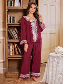 PalaceNights Conjunto de pijama para mujer con cárdigan de encaje con aplicaciones y pantalón largo con volantes