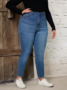 SHEIN LUNE 大码女式口袋装饰紧身休闲牛仔裤，百搭 - 中等水洗藍 - 查看 1