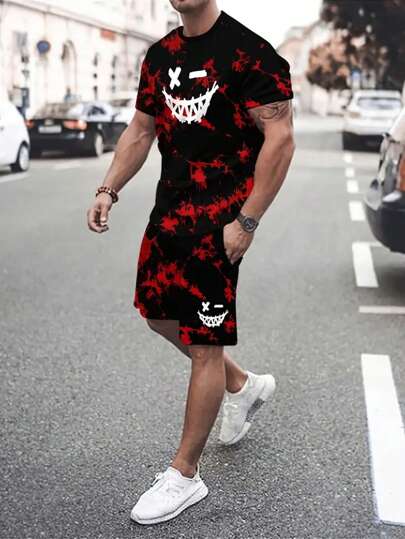 Manfinity Dauomo Men Smiling Face Print Round Neck Short Sleeve T-Shirt And Pocket Shorts Casual Set