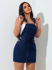 SHEIN EZwear Women Wide Strap Button Pocket Simple Casual Denim Jumpsuit Dress