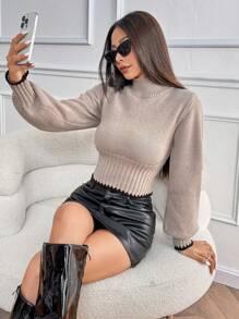 Chiquease Casual Fitted High Neck Long Sleeve Knitted Warm Contrast Trim Waist Pullover Sweater For Women, Autumn/Winter,Long Sleeve Tops  Fall Outfit - Khaki - View 5