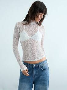 Maija 女士象牙色透明纹理蕾丝刺绣圆领长袖修身舒适四季百搭时尚都市优雅休闲商务办公装、低调成熟氛围、城市通勤、杂志编辑认可、城市社交活动/度假派对装、浪漫优雅法式轻松高端氛围、巡航/度假装、优雅知性女性婚礼宾客礼服 - 白色 - 查看 1