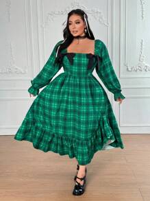 Lyrianda Vestido midi de manga abullonada, tipo fluido, con lazo a la cintura y estampado de cuadros verdes para mujer de talla grande
