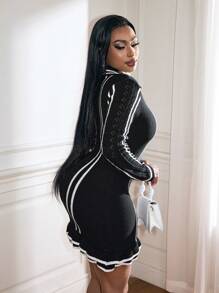 BamGleam Women Sweater Dress Casual Knitted Long Sleeve V-Neck Black White Striped Mini Bodycon Party Dress, Suitable For All Seasons