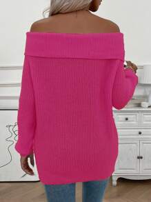 Chiquease 女士纯色露肩长袖宽松休闲毛衣，秋冬 - 玫紅色 - 查看 2