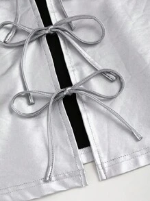 Sweetra 女士性感银色金属涂层皮革面料前开绷带胸罩杯设计休闲百搭吊带背心，适合所有季节 Y2K