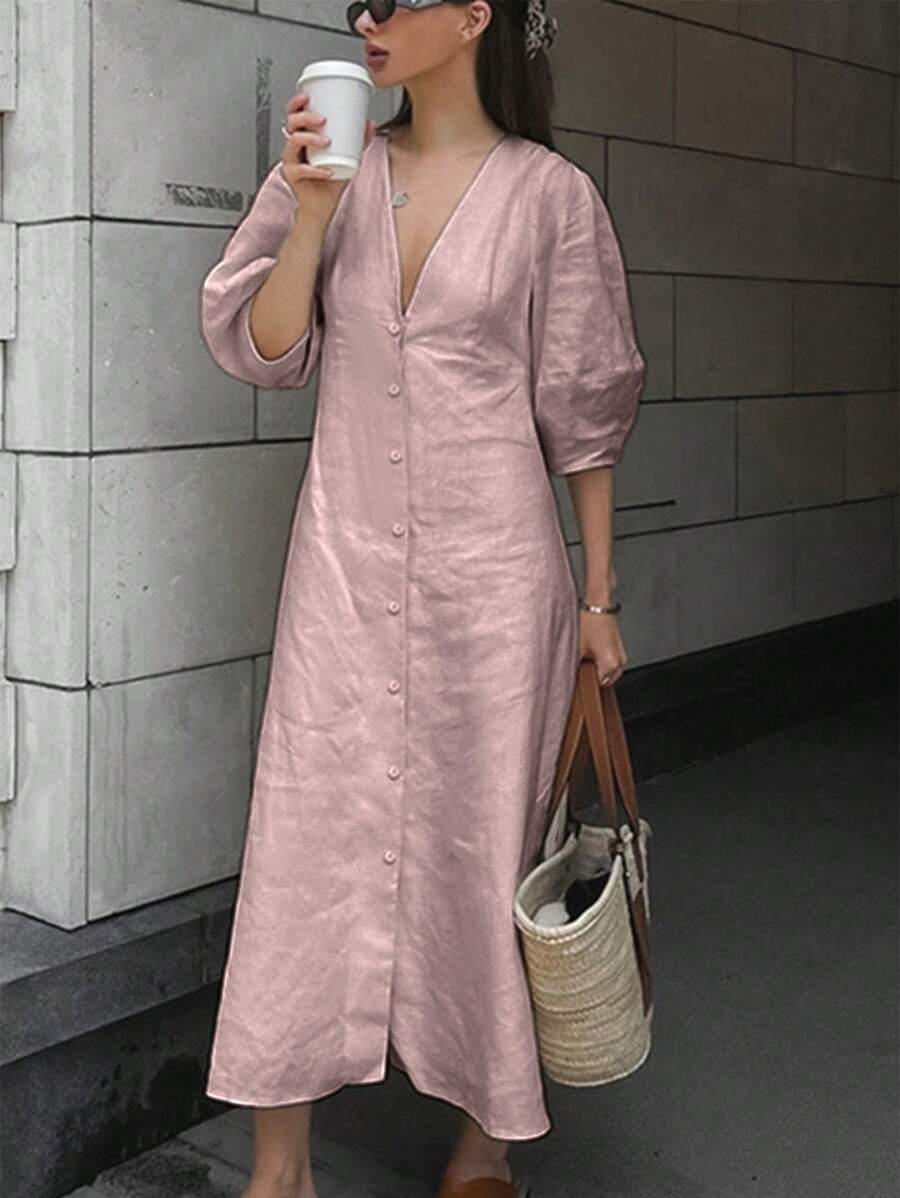 INAWLY Đầm dài cài nút phía trước màu trơn đơn giản cho nữ, mùa thu - Bụi hồng - Xem 1