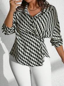 Flirla Plus Size Women Geometric Print Long Sleeve Lapel Shirt - Multicolor - View 3