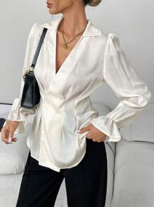 SHEIN Unity 女式正面纽扣纯色长袖衬衫，休闲日常穿着荷叶边上衣 - 米色 - 查看 3
