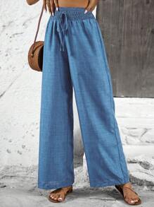 Breezaya Pantalones rectos relajados con lazo delantero de unicolor - Azul - Ver 4