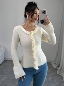 Chiquease Jersey ajustado de cuello redondo con volantes y mangas campana en color liso otoñal