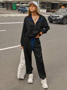 Tropiluxe 2pcs/Set Women Contrast Trim Zip-Up Long Sleeve Top & Drawstring Long Pants Casual Suit Tracksuit For Sport Wear