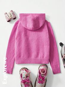 SHEIN Girls Light Pink Hooded Long Sleeve Knitted Cardigan,Casual Graphic Jacquard Logo Autumn Holiday Back-To-School Street Style Outdoor Party Outfits - Pink - View 2