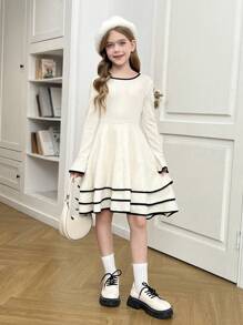 SHEIN Tween Girls 优雅拼布对比黑色滚边饰边分层下摆喇叭长袖连衣裙，秋冬连衣裙，适合秋冬季休闲日常穿着和学校日常穿着，返校 - 杏色 - 查看 9