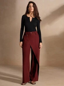 Anewsta Pantalones rectos con bolsillos de unicolor con drapeado asimétrico y cruce envolvente, para ropa de Año Nuevo
