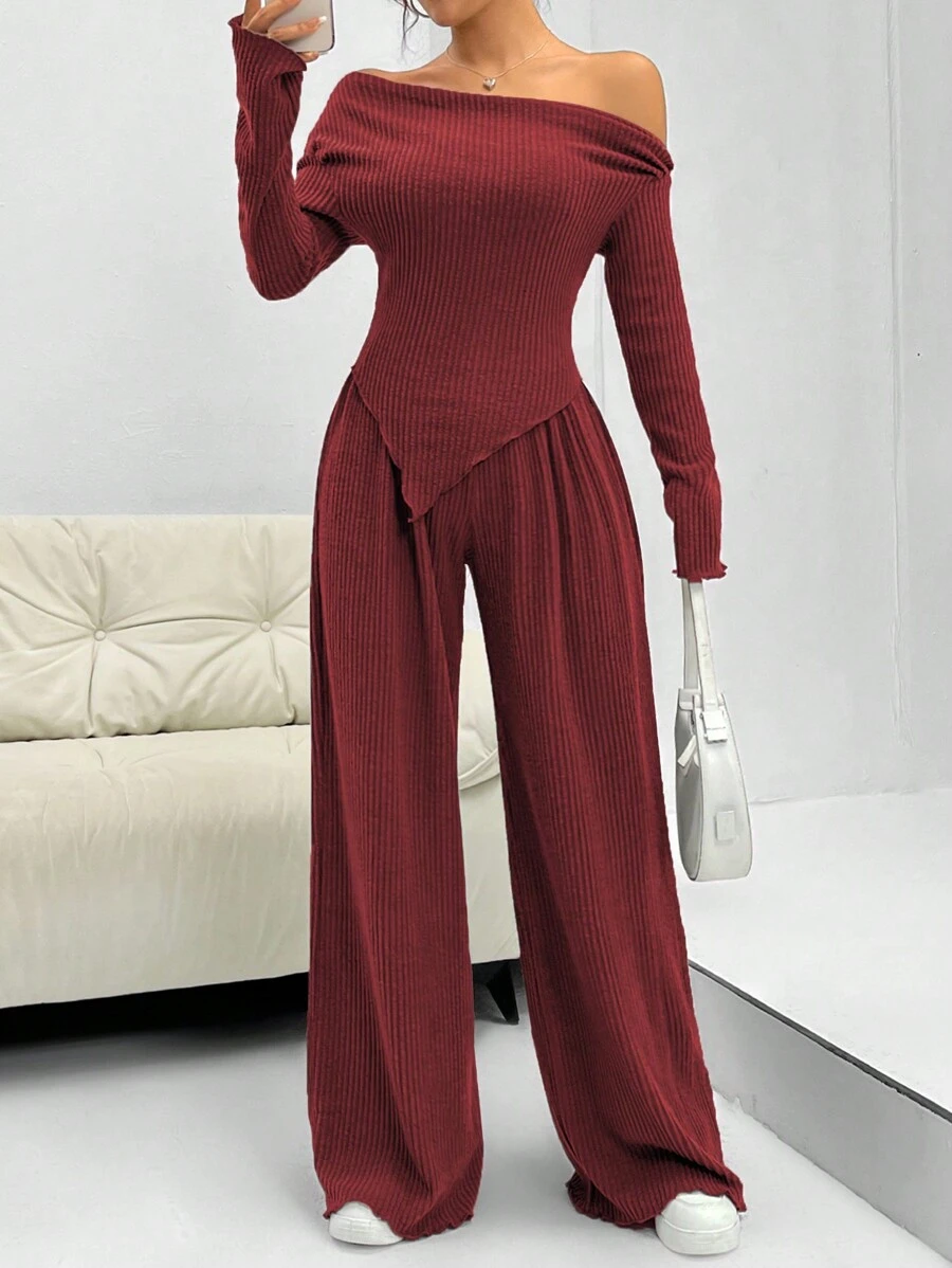 SHEIN Unity 2 件纯色不对称领长袖上衣和裤子休闲套装新年衣服 - 紅色 - 查看 1