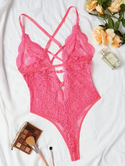 Bloemen Kanten Criss Cross Up Backless Teddy Bodysuit Lingerie view 7