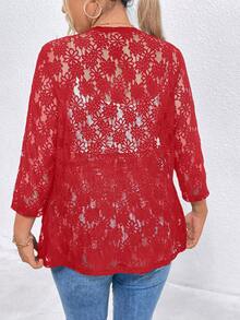 SHEIN LUNE Áo khoác ren hoa cỡ lớn cho nữ tay 3/4 hở phía trước thanh lịch, quần áo mùa thu cho năm mới - Đỏ - Xem 2