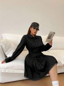 Flirla فستان ضيق الخصر أكمام طويلة بتصميم إسلوب المدرسة الفرنسية للمرأة البدينة