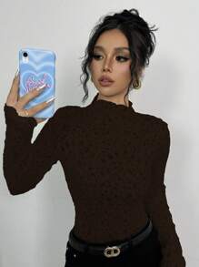 Chiquease 1pc Women Plain Stand Collar Long Sleeve Casual Top, Minimalist Style For Daily Wear - Brown - View 4