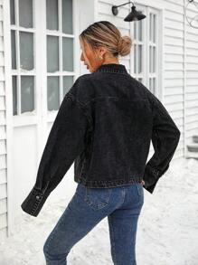 SHEIN LUNE Women's Autumn Dropped Shoulder Long Sleeve Button Half-Placket Cargo Pocket Denim Jacket
